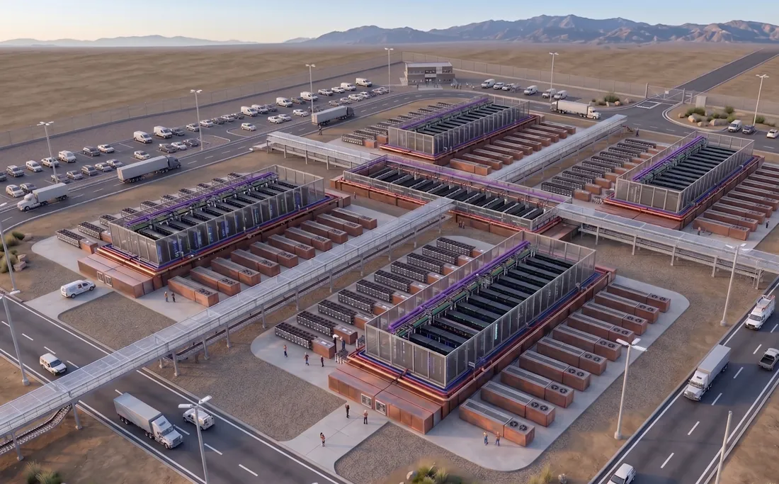 Aerial rendering of the 27 MW hybrid AI Factory campus