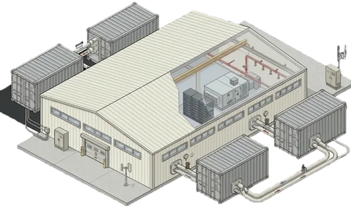 Hybrid data center rendering: steel building with modular cooling and power units